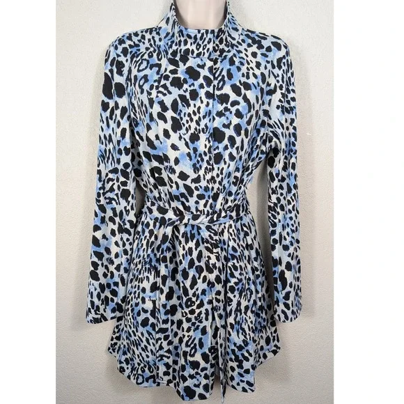 Susan Graver Blue Black LK Fusion Animal Print Long Sleeve Tie Waist‎ Coat Small - Picture 2 of 13